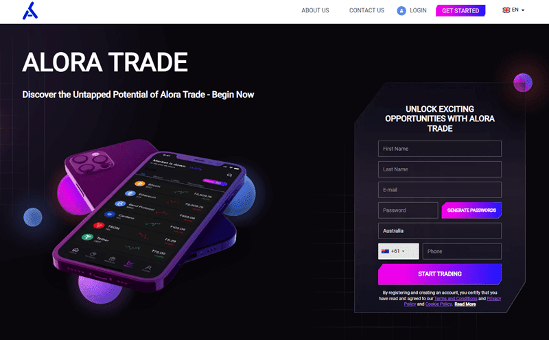 Alora Trade Homepage Screenshot