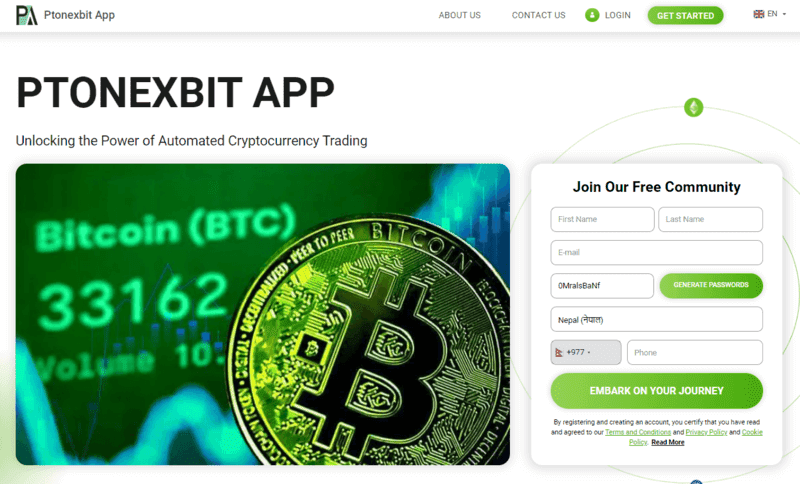 Ptonexbit App Homepage Screenshot